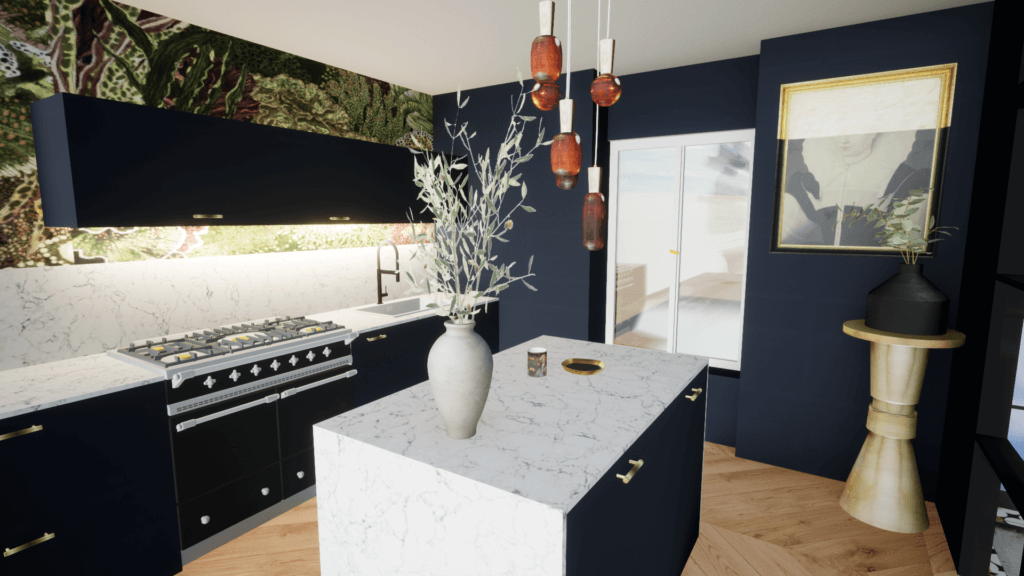 Antipode cuisine bleu ilot quartz 3D